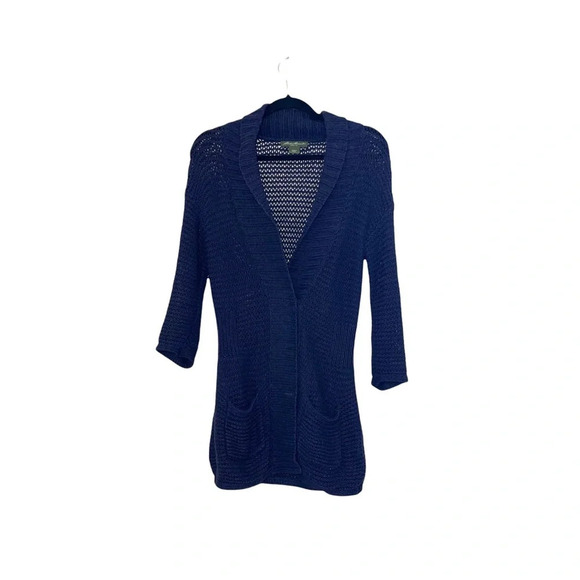Eddie Bauer Navy Blue Open Stitch Knit Heavyweight Tunic Cardigan Small Women’s - Picture 1 of 13